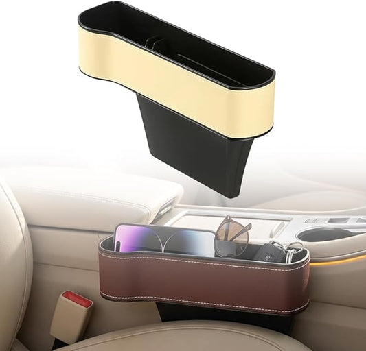 Car Seat Gap Filler Organizer, 2026 New Premium Leather Console Organizer for Holding Phone, Sunglasses, Auto Console Side Storage Box with Cup Holders 2 Seat Hooks for Drink (Beige, Driver's Seat)