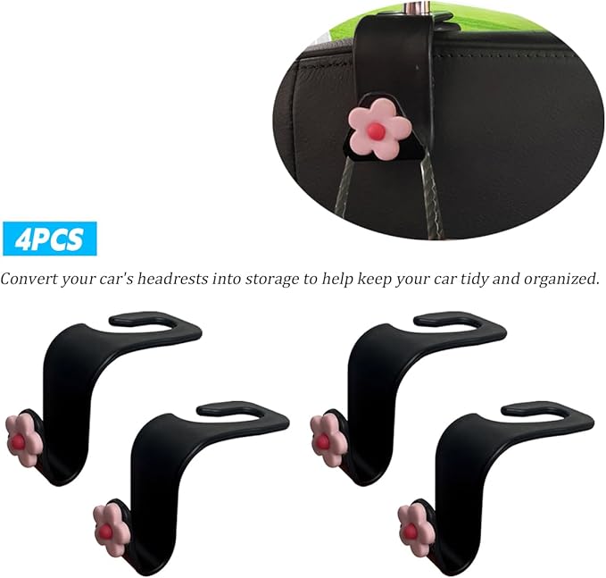 BESULEN Car Seat Headrest Hook, 4PCS Vehicle Seatback Organizer Hanger, Auto Seat Back Storage Hook for Grocery Bag Purse Handbag Umbrella, Universal Interior Accessories for Most Cars (Pink)