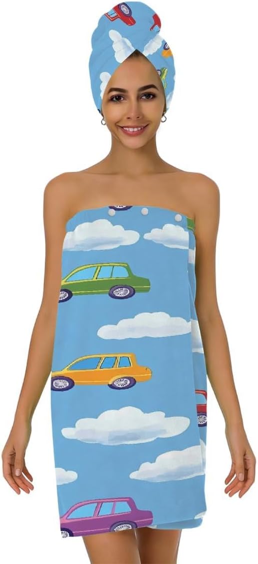 Women Bath Wrap Hair Towel Drying Cap Set Colored Cars Clauds Soft Absorbent Bathrobe Shower Wraps with Adjustable Closure Spa Bath Robe