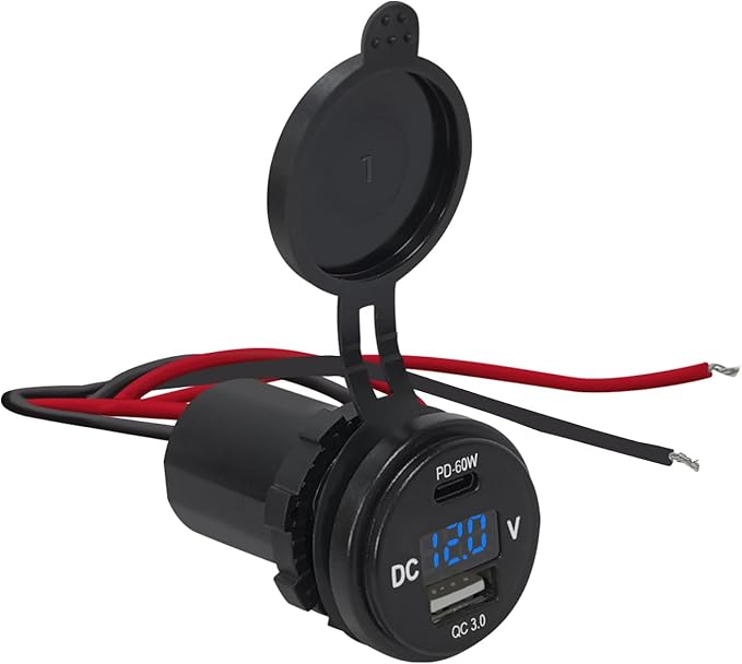 60W PD QC3.0 Fast Charging 12V Socket with Digital Voltage Display Waterproof Power Outlet for Car RV Boat Off-Road