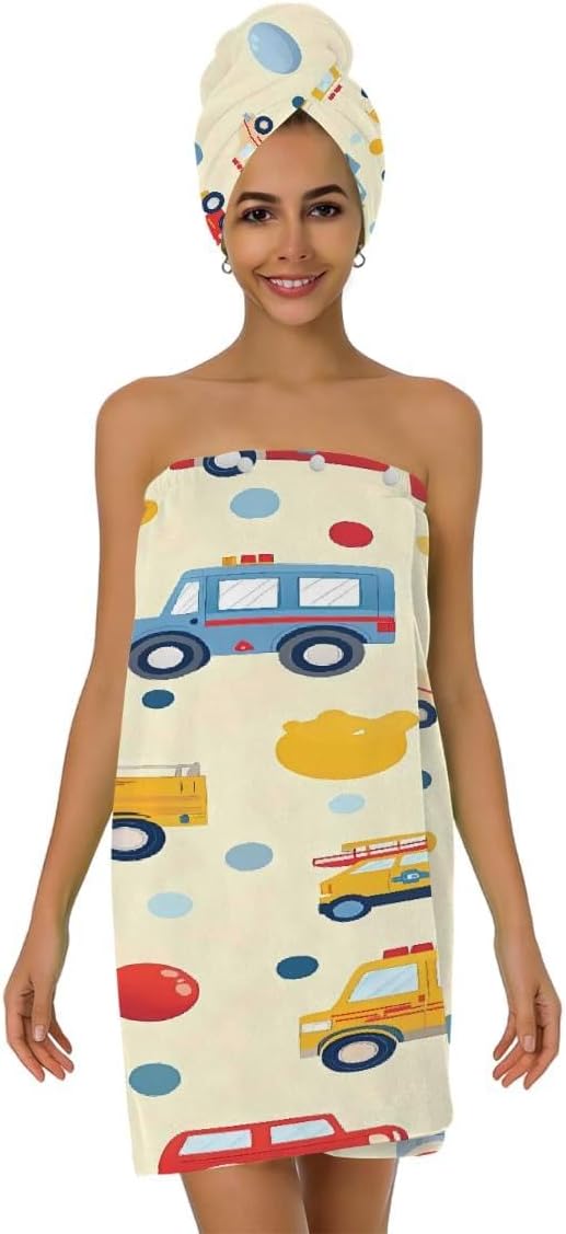 Women Bath Wrap Hair Towel Drying Cap Set Colored Trucks Cars Pattern Soft Absorbent Bathrobe Shower Wraps with Adjustable Closure Spa Bath Robe