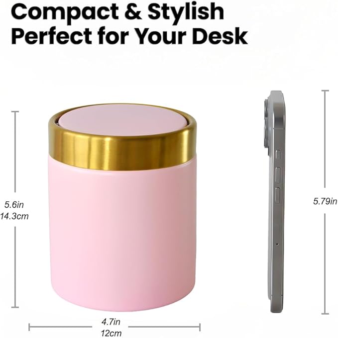 Mini Pink Trash Can with Lid, 1.5 Liter / 0.4 Gallon Metal Garbage Bin for Makeup Vanity Countertop Desktop