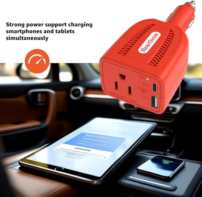 HearGrow100w Car Power Inverter, 12V DC to 110V AC Vehicles Converter with USB Ports，Plug Adapter Outlet and Fast Charging PD3.0 Type-C for Phones, Pads, Laptops and Computer Charger(Orange)