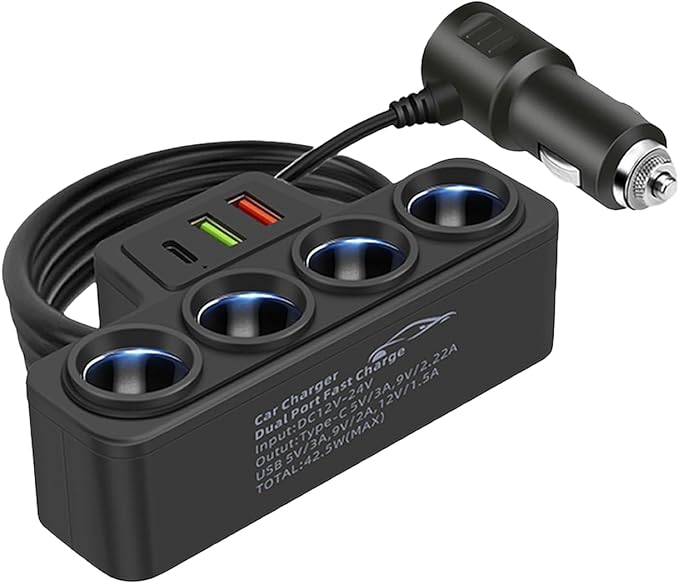 Multi-Function Cigarette Lighter Splitter, Cell Phone Car Charger, 4 Cigarette Lighter Sockets, 1 PD Fast Charger Port 2-Port USB Power Adapter for Cell Phones Adapter