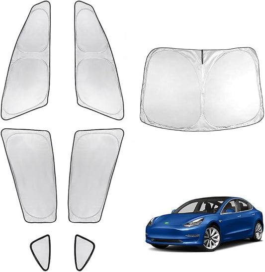T TGBROS Windshield Sun Shade for Tesla Model 3 2018-2025 2026 Car Window Shades Thicken UV Block and Blackout Privacy Foldable Sunshades 7PCS Keep Cool Sun Visor Covers