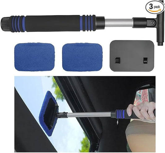 HZEL Car Windshield Cleaner Tool with Extendable Handle, Vehicle Glass Wiper Window Cleaning Tool with 2 Reusable Microfiber Pad, Auto Windscreen Detailing Cleaner Kit, Universal Fit (Square Blue)