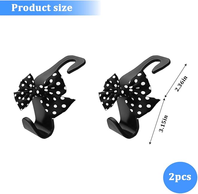 2PCS Car Seat Headrest Hooks, Cute Bow Vehicle Backseat Storage Hanger for Handbag Umbrella Coat, Automotive Seat Back Hook Holder Organizer Decor, Universal for Vehicles (Black Polka Dots)