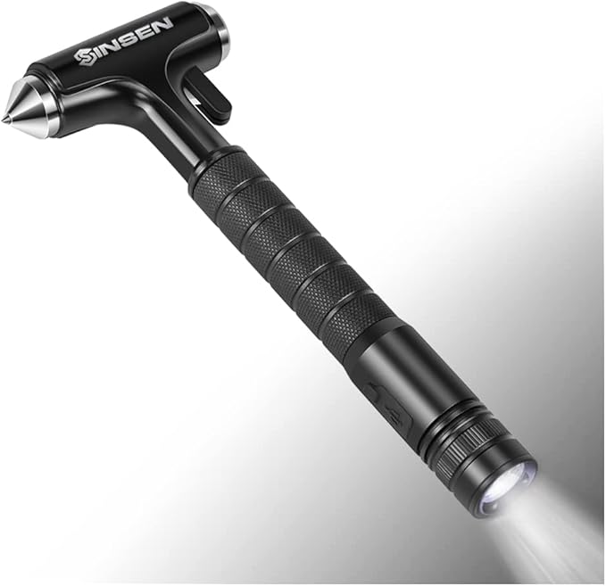 SINSEN Automotive Escape Tool, Window Breaker Seatbelt Cutter, Car Flashlight Safety Hammer, Emergency Kit Self Defense Accessories, Multifunction 4-in-1 Auto Tactical Gear, Rechargeable Powered Led