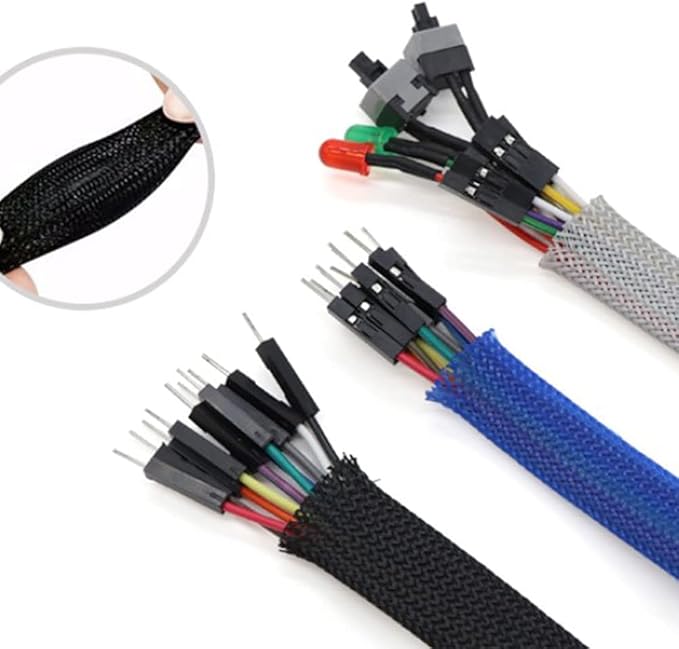 Aicosineg 32.81ft PET Flexible Braided Cable Sleeve 0.4inch Width Wire Loom Sleeving and Organizer Flexible Wire Mesh Sleeve Wrap Protector for TV Audio PC Cords from Pets Chewing Black and Gold