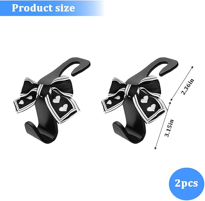2PCS Car Seat Headrest Hooks, Cute Bow Vehicle Backseat Storage Hanger for Handbag Umbrella Coat, Automotive Seat Back Hook Holder Organizer Decor, Universal for Vehicles (Black/Beige)