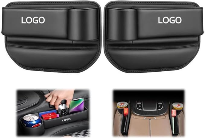 Custom Car Seat Gap Filler 2 Pack - Organizer with Logo/Text, Front Seat Leather Car Accessories for Women & Men, SUV & Truck Essentials (Black)