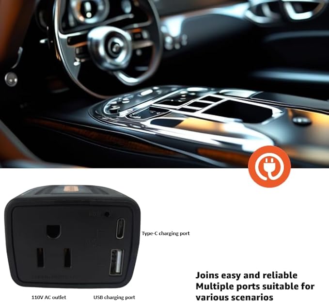 HearGrow100w Car Power Inverter, 12V DC to 110V AC Vehicles Converter with USB Ports，Plug Adapter Outlet and Fast Charging PD3.0 Type-C for Phones, Pads, Laptops and Computer Charger