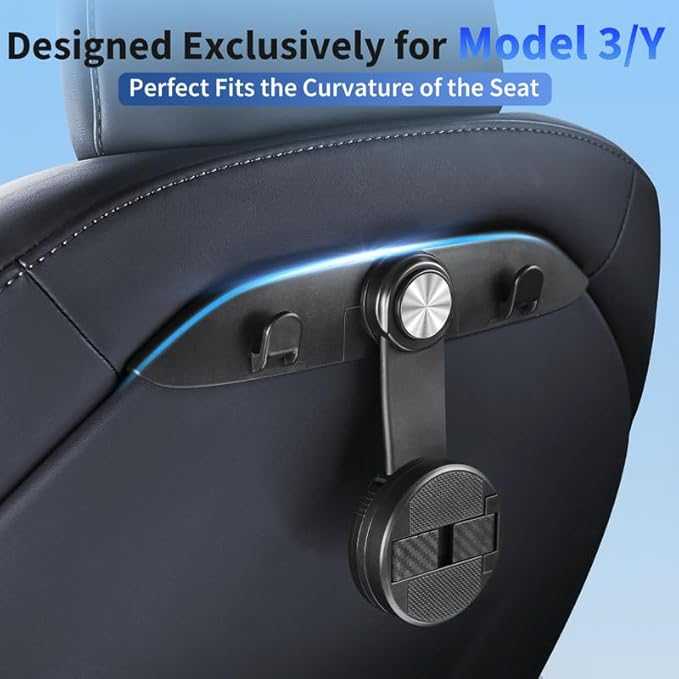Tesla Model 3 Model Y Accessories 2024-2021,4 in 1 Car Seat Hooks & 720 Degrees Adjustable Phone Holeder for Car Seat (Clip Style)