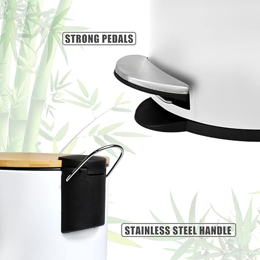 Mini Trash Can with Bamboo Lid Soft Close and Foot Pedal, 0.8Gal/3L Tiny Round Trash Can with Removable Plastic Inner Wastebasket for Bathroom, Bedroom, Powder Room, Office, Desk, Car, White