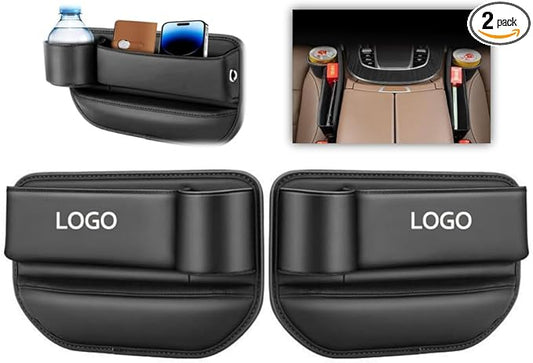 Custom Car Seat Gap Filler 2 Pack - Organizer with Logo/Text, Front Seat Leather Car Accessories for Women & Men, SUV & Truck Essentials (Black)