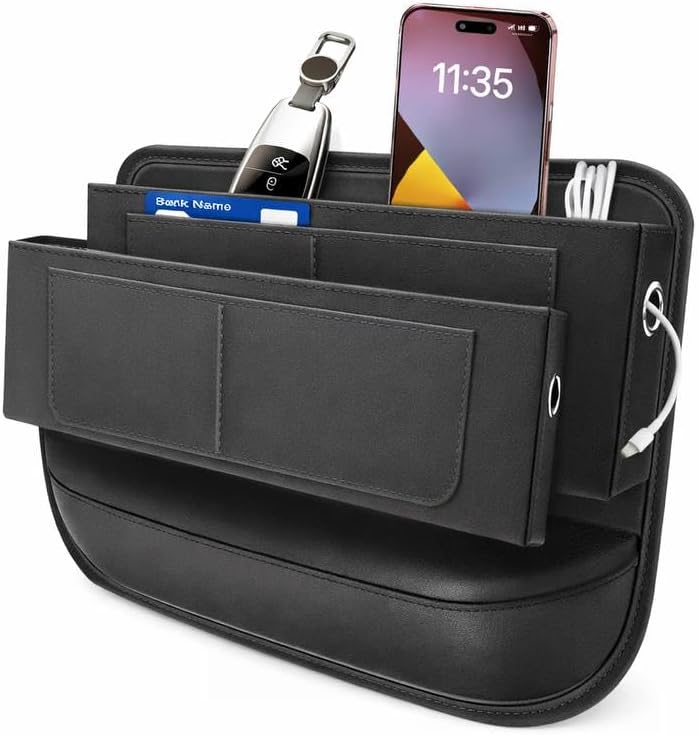 Car Seat Gap Organizer, Universal Car Seat Gap Filler with Storage Pocket, PU Leather Car Interior Organizer for Car, Truck & SUV, Black