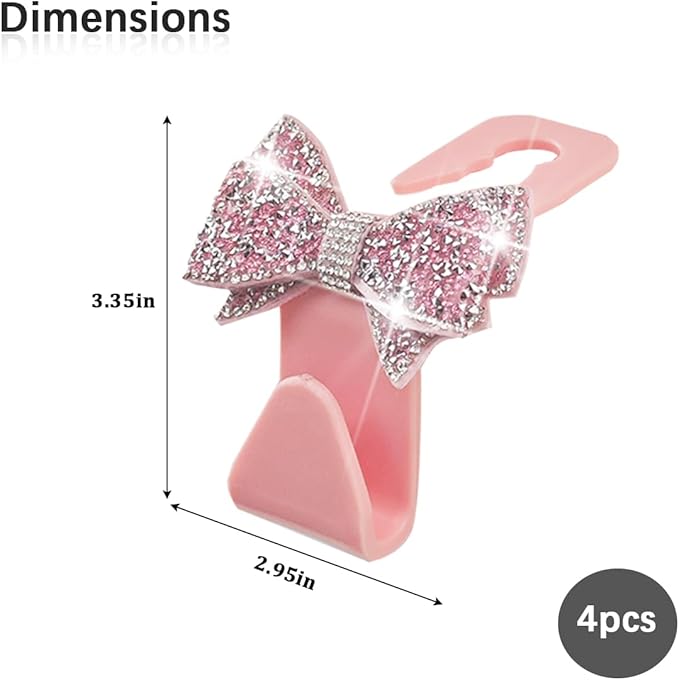 Zpana Bling Car Headreat Hook, 2PCS Crystal Rhinestone Cute Bow Vehicle Seat Back Hanger Storage for Purses Bags Grocery, Diamond Auto Rear Seat Organizer, Universal for SUV Truck Sedan (Pink)