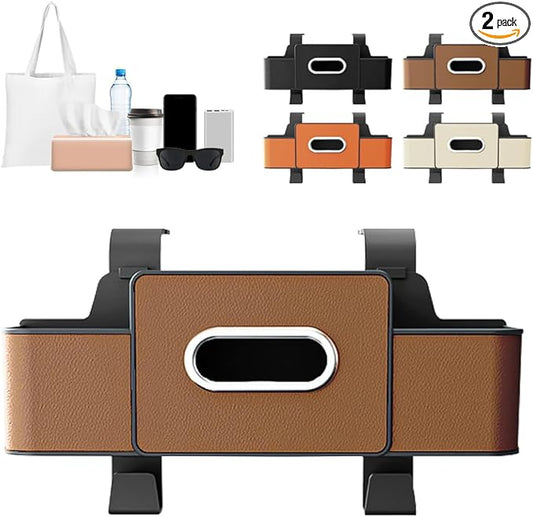 Back Seat Car Organizer,3 in 1 Car Backseat Storage Box with Cup Holder,Tissue Box,Trash Bin&Hooks,Multifunctional Waterproof Storage for Hold Phones Snacks Drinks Handbags (2, Brown)