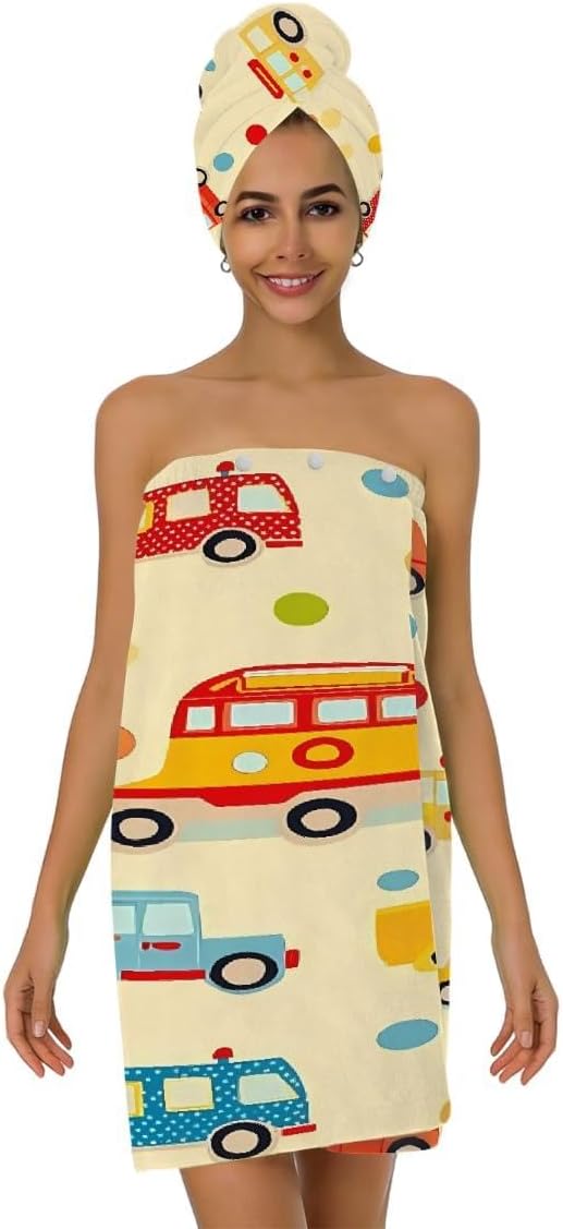 Women Bath Wrap Hair Towel Drying Cap Set Colored Cars Bus Polka Dot Soft Absorbent Bathrobe Shower Wraps with Adjustable Closure Spa Bath Robe