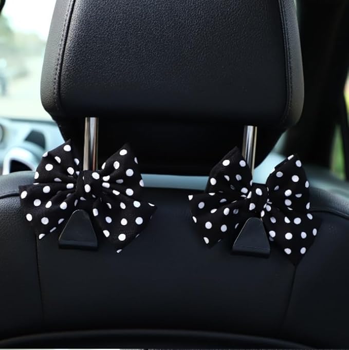 Car Headrest Hooks 2 Pack Seat Back Hanger for Bags and Groceries Heavy Duty Auto Organizer Easy Install Storage Hook for Purse Handbag Shopping Bags Black Polka Dot