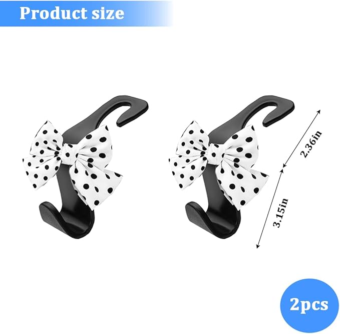 2PCS Car Seat Headrest Hooks, Cute Bow Vehicle Backseat Storage Hanger for Handbag Umbrella Coat, Automotive Seat Back Hook Holder Organizer Decor, Universal for Vehicles (White Polka Dots)