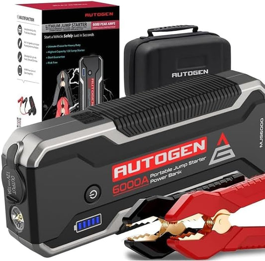 Car Jump Starter 6000A, AUTOGEN Portable Battery Jumper Starter All Gas and 10.0L Diesel Engine, Jump Start Battery Pack and Jump Box with 12V DC Output and EVA Case