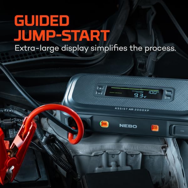NEBO Assist Air 2000XP Jump Starter and Air Compressor | 55.5Wh Power Supply Box Restarts 12V Battery Vehicles, 150 PSI Air Compressor Inflates Tires, Integrated Floodlight, USB Ports, TSA Approved