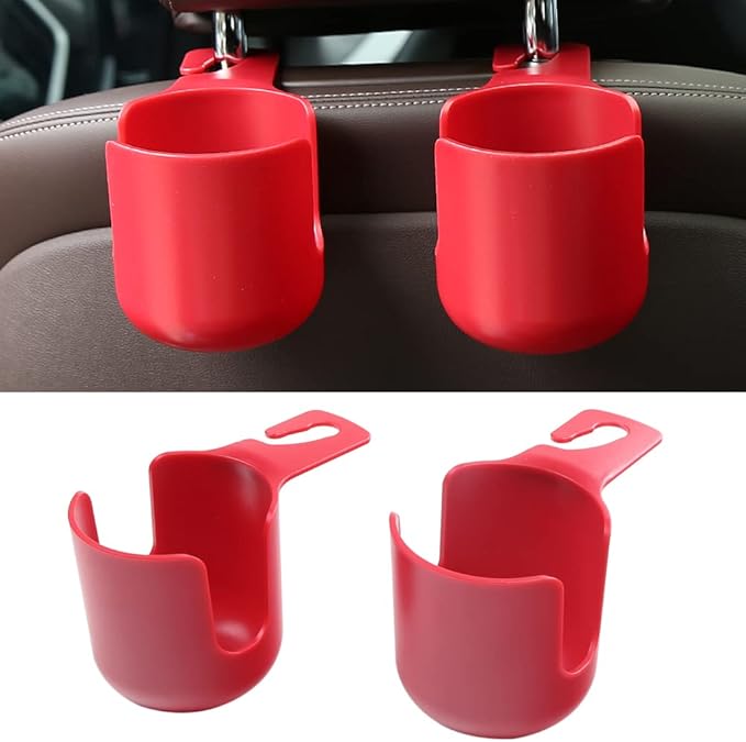 Car Seat Headrest Hook Organizer with Cup Holder - Universal Vehicle Storage Hanger for Handbags, Groceries, Backseat Organizer, Car Accessories Fit All Cars (Red)