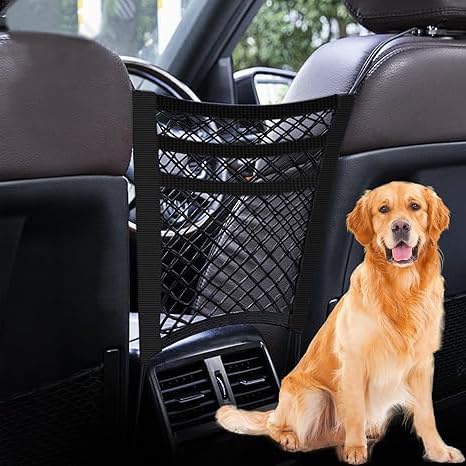 Dog Car Barrier Net with Storage Pockets Universal Adjustable 3-Layer Pet Cars Barrier with 4 Hooks for SUVs & Sedans Keep Pets Safe & Car Organized Cars Mesh Organizerm (S)