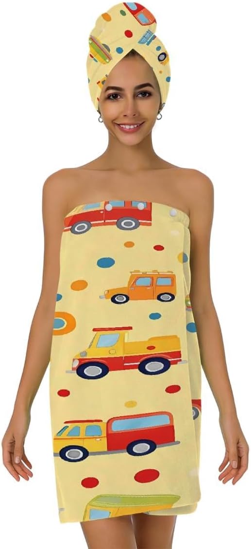 Women Bath Wrap Hair Towel Drying Cap Set Colorful Cars Bus Polka Dots Soft Absorbent Bathrobe Shower Wraps with Adjustable Closure Spa Bath Robe