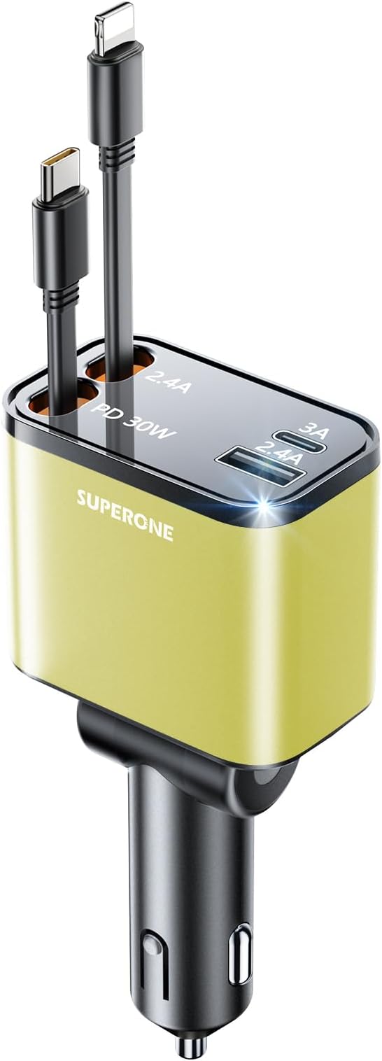 [2024 Upgraded] 4 in 1 Retractable Car Charger, SUPERONE Smaller Fast Car Phone Charger 69W with Cord, USB C and iPhone Car Charger Adapter, Compatible iPhone 17/17 Pro Max/16/15/14/13/12/11, Sumsung