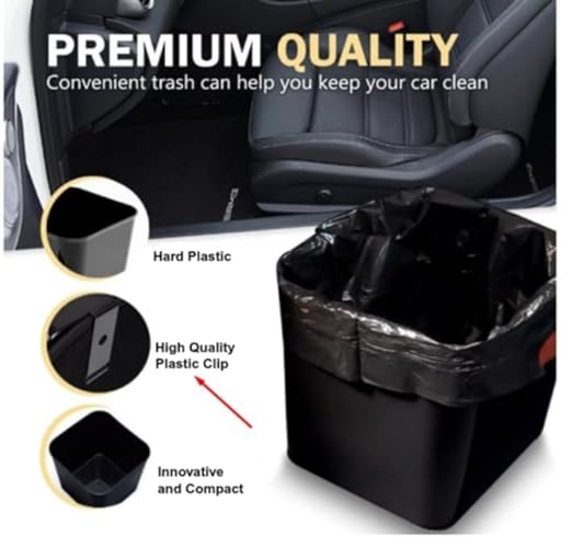 Car Trash Can Waterproof Vehicle Garbage Bin, Leakproof Anti Slip Floor Mat Clip Trash Bag Holder for Car, Truck, SUV, Van Portable Auto Trash Container with Stability Clips (Black, Large)