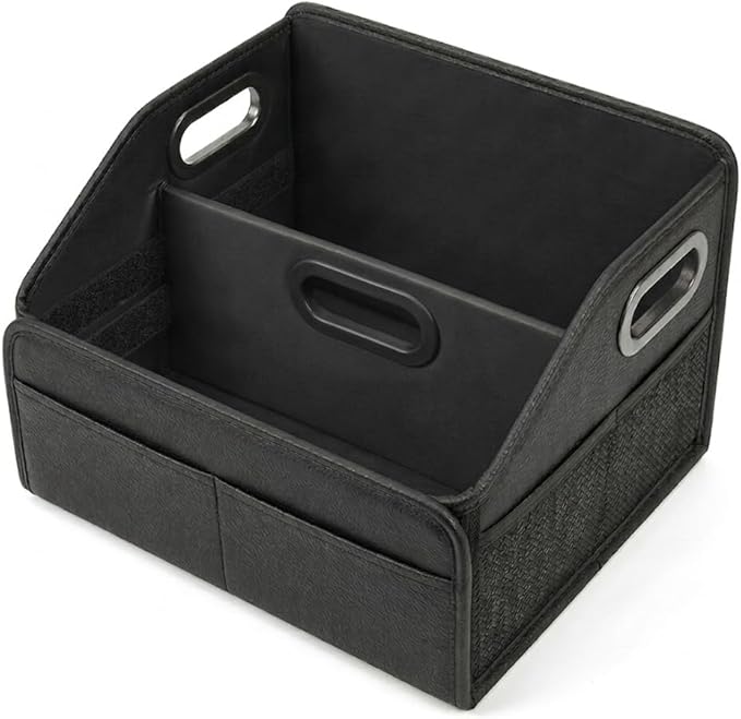 Car Storage Organizer Reinforced Dividable Leather Car Caddy Basket for Front Seat Floor Back Sturdy Frosted Handle 8 Compartments Adjustable Strap Buckles Slip-Resistant for SUV Truck