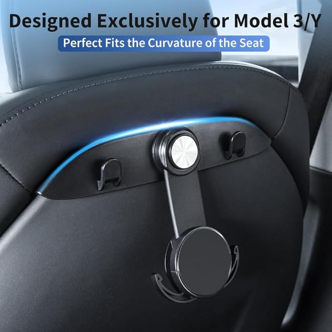 Tesla Model 3 Model Y Accessories 2025-2021, 4 in 1 Car Seat Hooks & 720 Degrees Adjustable Phone Holeder for Car Seat, Automotive Back Seat Back Organizers Hanger Holder Hook （Magnetic Type