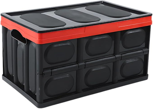 Car Trunk Organizer, Foldable Plastic Cargo Storage Box with Lid, Large Car Tool Container with Handles, Universal Automotive Organization Accessories for Camping, Groceries (Black)