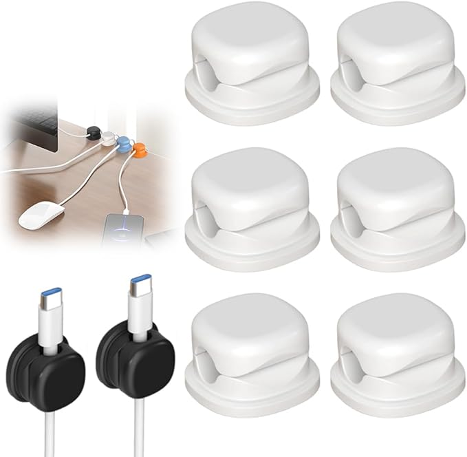 Upgrade Magnetic Cord Organizer Holder, Cord Holder for Nightstand, Adhesive Wire Cable Clips Management Kit for Phone Charger, Computer, Office, Home, Desk, Nightstand (White, 6 Packs)
