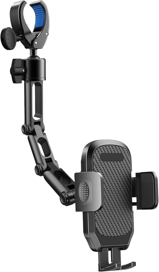 Quyee Phone Holder Car, Rear View Mirror Phone Holder - Aluminum Alloy Mount Multi-Angle Adjustment Rotatable and Retractable Compatible with All 4-7 Inch iPhone and Android Cell Phones (Black)
