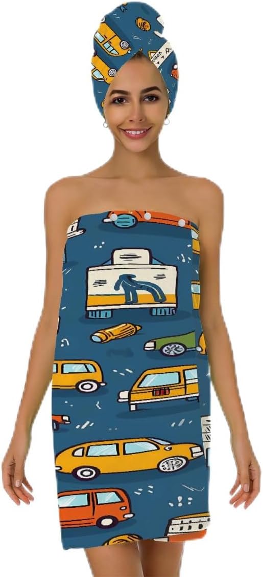 Women Bath Wrap Hair Towel Drying Cap Set Cartoon Cars Pattern Soft Absorbent Bathrobe Shower Wraps with Adjustable Closure Spa Bath Robe