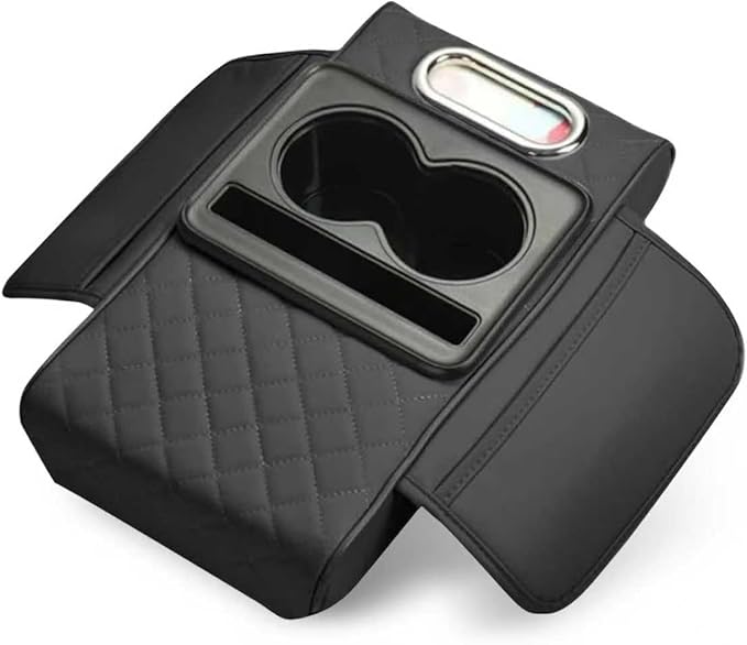 Car Center Console Cover Organizer, Multifunctional Storage Box with Cup Holders & Tissue Box & Phone Slot, Highly Elastic Comfort Arm Rest Cushion for Cars (Black)