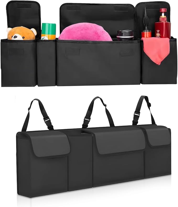 Car Trunk Organizer, Collapsible Large Capacity Auto Backseat Hanging Storage Bag with Adjustable Strap & 4 Pockets, Space Saving Car Back Seat Cargo Bag, Universal for Vehicles (Gray)