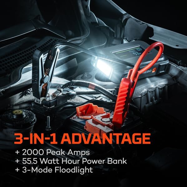 NEBO Assist 2000XP Jump Starter | 2000 Amps, 55.5Wh Power Supply, Multi-Device Charging, and Integrated Floodlight, USB Compatible, Portable Battery, Automotive, Emergency, Smark-Proof Safety