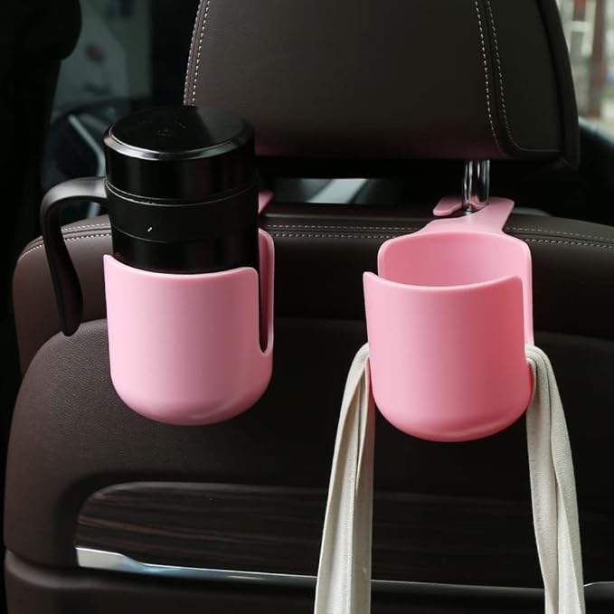 Car Seat Headrest Hook Organizer with Cup Holder - Universal Vehicle Storage Hanger for Handbags, Groceries, Backseat Organizer, Car Accessories Fit All Cars (Pink)