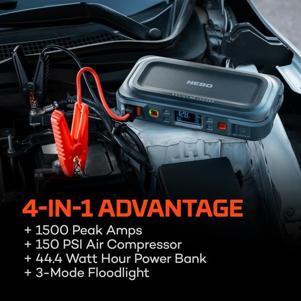 NEBO Assist Air 1500XP Jump Starter and Air Compressor | 44.4Wh Power Supply Box Restarts 12V Battery Vehicles, 150 PSI Air Compressor Inflates Tires, Integrated Floodlight, USB Ports, TSA Approved