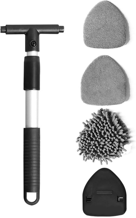 Car Windshield Cleaner Tool, Vehicle Window Cleaner with Extendable Handle & 3 Reusable and Washable Pads, Auto Glass Wash Brush Accessories, Universal for SUV RV Truck (Triangular)