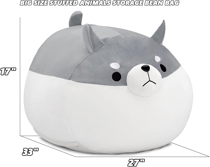 CUEBEAR Stuffed Animal Storage Bean Bag Chair Cover for Kids Grey Shiba Inu Dog Bean Bag Chair for Girls X-Large Size Toy Organizer Cover Only Without Filling