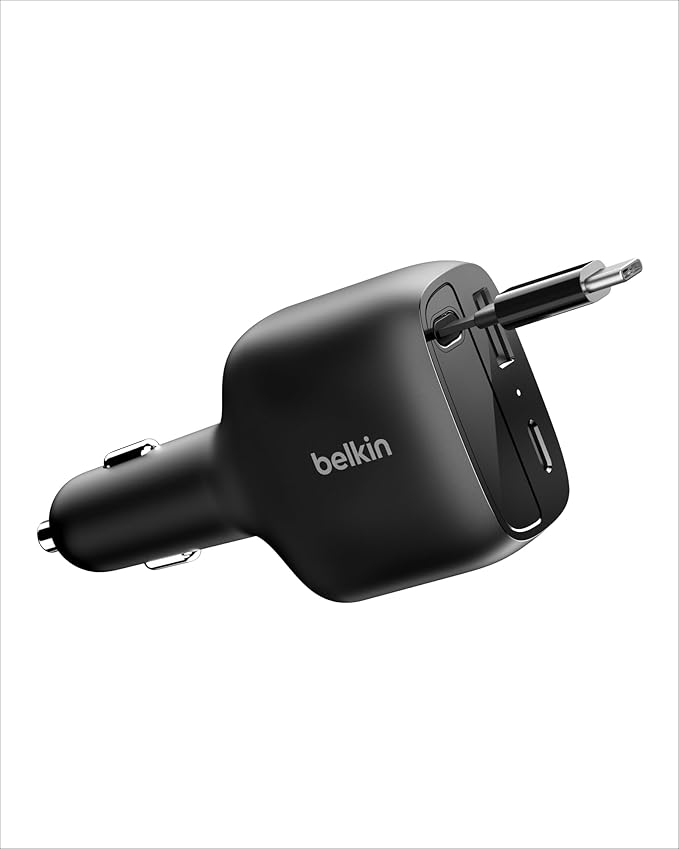 Belkin USB C Car Charger 75W w/ 30in USB C Retractable Charger, Compatible with iPhone 17 & 16 Series, Galaxy S25 Series, AirPods, Tablet, MacBook, Chromebook