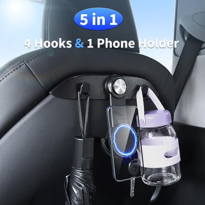 Tesla Model 3 Model Y Accessories 2025-2021, 4 in 1 Car Seat Hooks & 720 Degrees Adjustable Phone Holeder for Car Seat, Automotive Back Seat Back Organizers Hanger Holder Hook （Magnetic Type