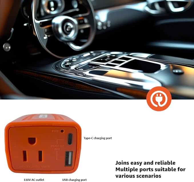 HearGrow100w Car Power Inverter, 12V DC to 110V AC Vehicles Converter with USB Ports，Plug Adapter Outlet and Fast Charging PD3.0 Type-C for Phones, Pads, Laptops and Computer Charger(Orange)