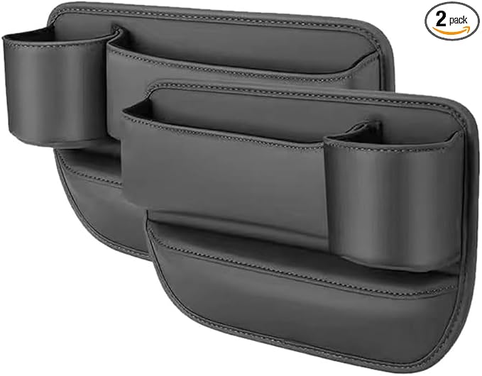 Car Leather Cup Holder Gap Bag for Mobile Phones Glasses Keys Cards Seat Gap Storage Box (2 Pack, Black)
