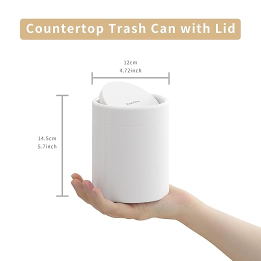 Mini Desk Trash Can with Lid for Desk,1.6L Brushed Stainless Steel Countertop Trash Can with Lid for Desktop Car Office Kitchen, Swing Top Trash Bin with a Roll of Trash Bag（White）